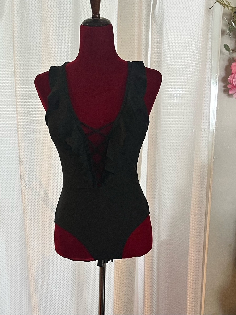Marinavida Women’s Black One Piece w/Lace Up V-Neckline (Small)